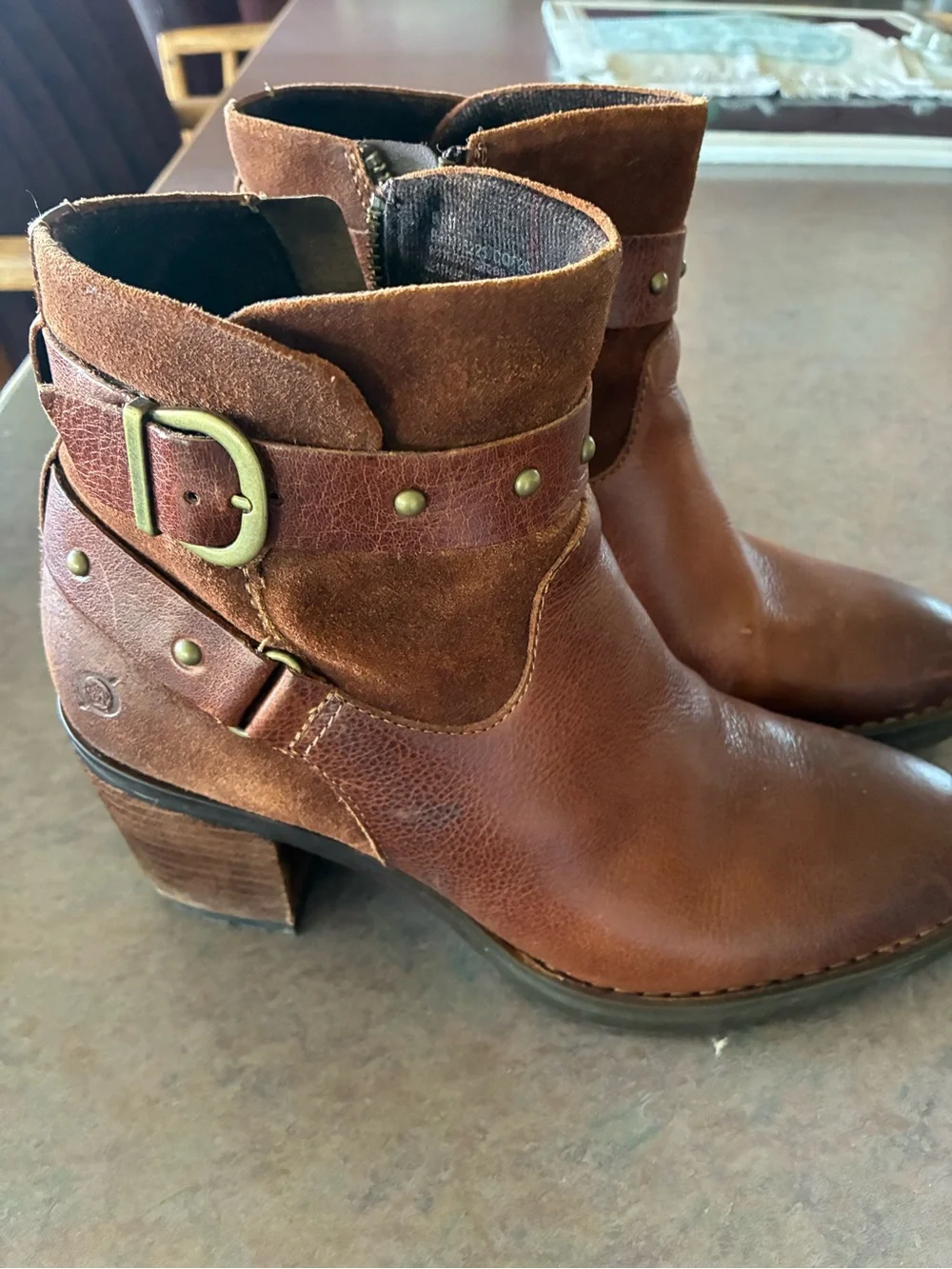Born Brown Leather & Suede Buckle Ankle Booties